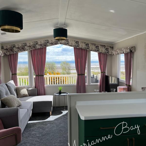 Modern interior of the seaside caravan in Southerness Marianne Bay